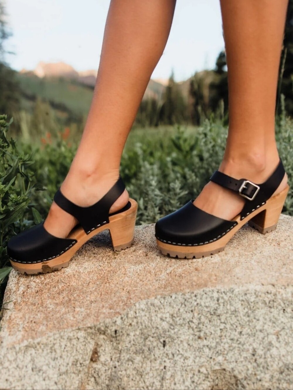 MIA Black Leather Mary Jane Clogs with Tan Wood Platform